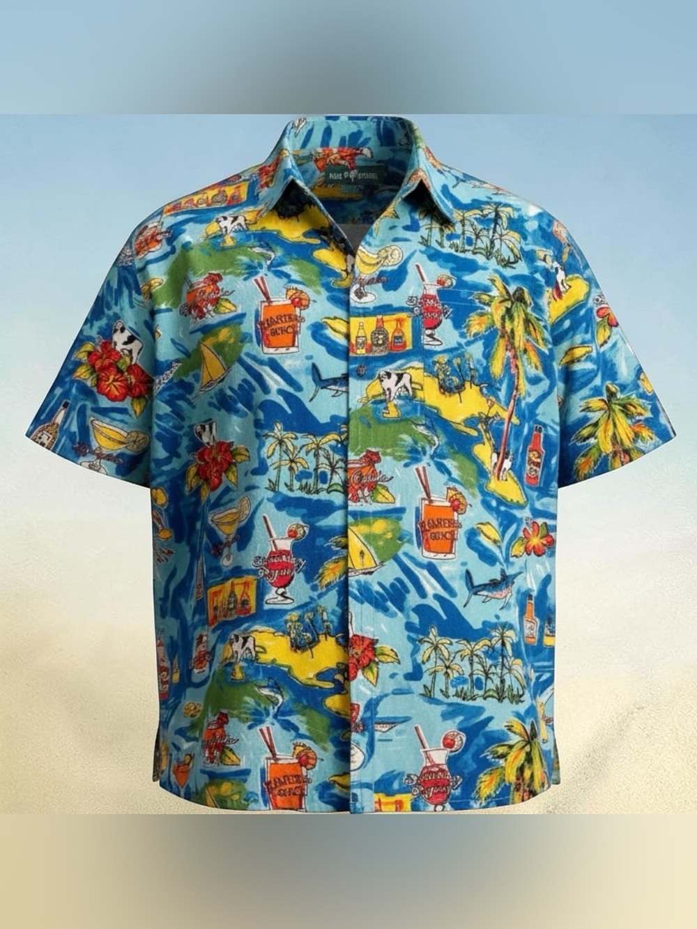 Vintage BIG DOGS Casual Blue Tropical Print Short-Sleeve Button-Down Shirt XL